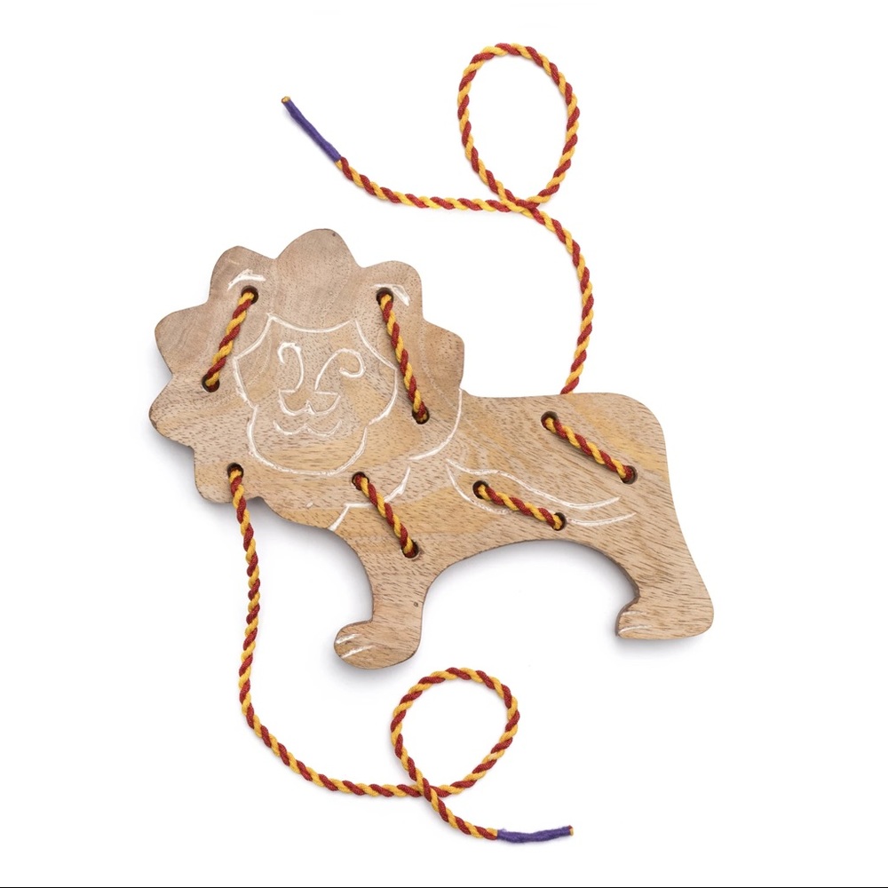 NWT wood lion lacing board toy, fair trade made